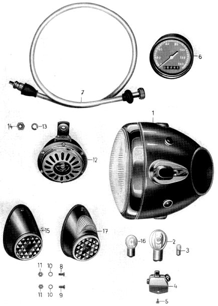 Tafel 27 Gruppe: Elektrische Ausrüstung (Scheinwerfer, Tachometer, Tachometerspirale, Signalhorn, Bremsschlußkennzeichenleuchte, Abblendschalter, Kabel)