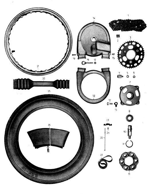 Tafel 14 Gruppe: Fahrgestell (Hinterradantrieb: Kette, Zahnkranz, Kettenschutz, Räder, Bereifung)