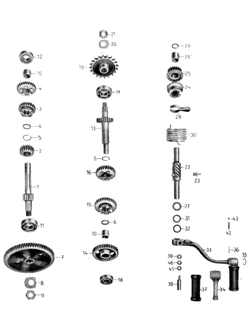 Tafel 4 Gruppe: Motor (Zahnräder, Wellen, Kickstarter)